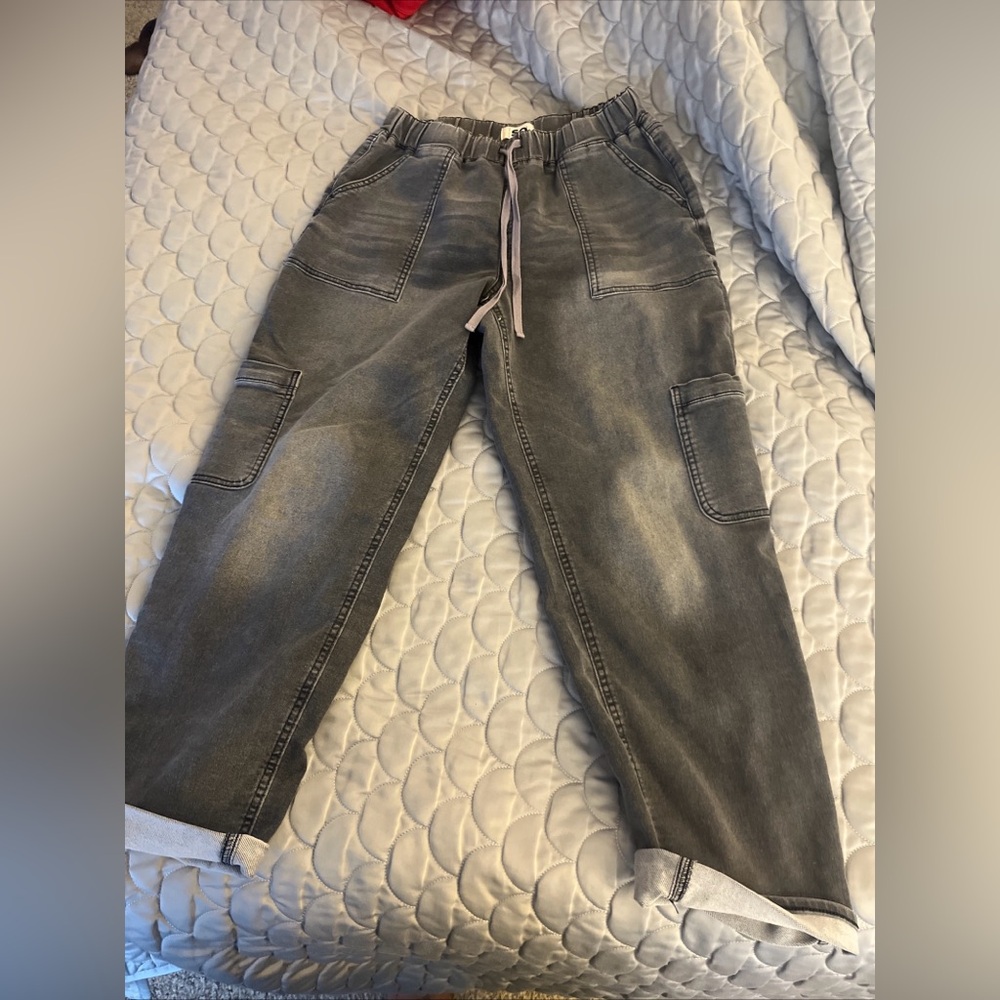 SO Goods for Life Medium Baggy Gray Cotton Denim Womens Jeans Cargo Pockets